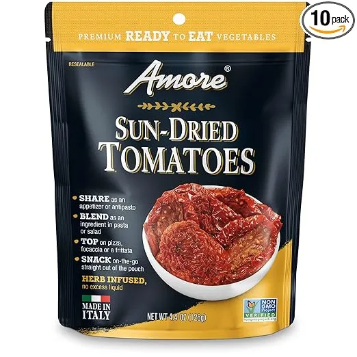 Amore Vegan Sun Dried Tomatoes - Non GMO Certified Ready-to-Eat Herb Infused Vegetables In Resealable Bags 4.4 Ounce (Pack of 10)