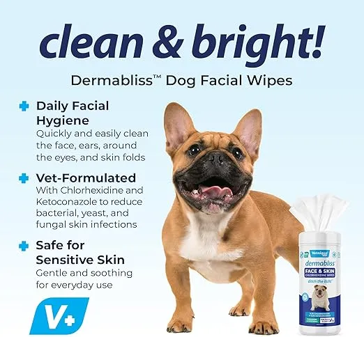 Vetnique Dermabliss Dog Face Wipes - Medicated Chlorhexidine Wipes for Dogs with Wrinkles, French Bulldog, English Bulldog Dog Grooming Wipes Cleaning & Deodorizing Dog Wipes 60ct
