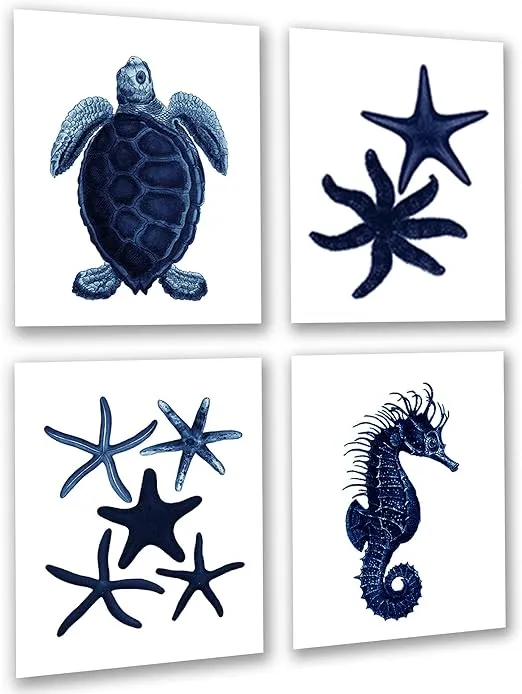 Gnosis Picture Archive Dark Navy Blue Beach Wall Decor Set of 4 Unframed Seahorse Starfish Beach Bathroom Art Prints