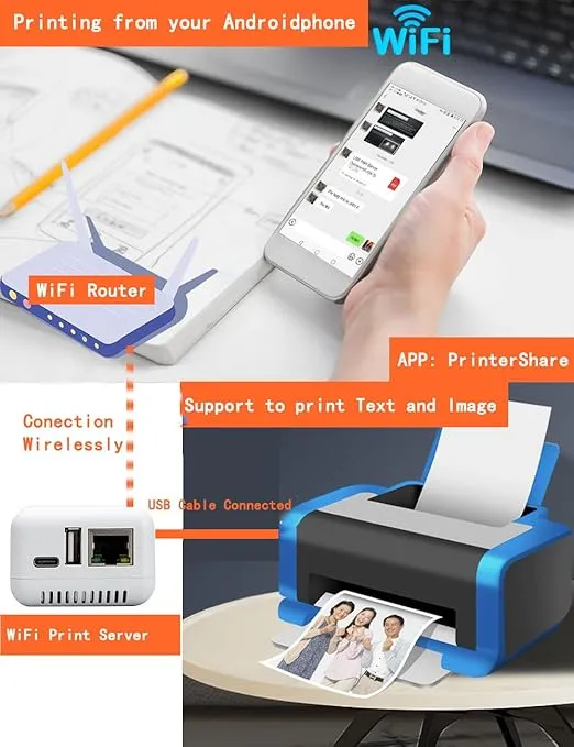 USB Print Server for Wireless Network Printing - Android & PC Compatible