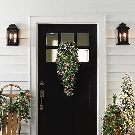 National Tree Company Pre-Lit Artificial Christmas Teardrop, Green, Frosted Berry, White Lights, Decorated with Pine Cones, Berry Clusters, Frosted Branches, Christmas Collection, 36 Inches