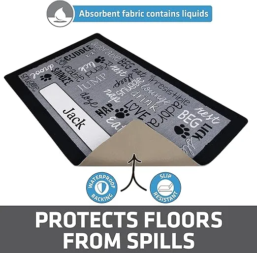 Drymate Personalized Pet Bowl Placemat, Custom Dog & Cat Food Feeding Mat - Absorbent Fabric, Waterproof Backing - Machine Washable/Durable (USA Made) (12" x 20") (Linen Black)