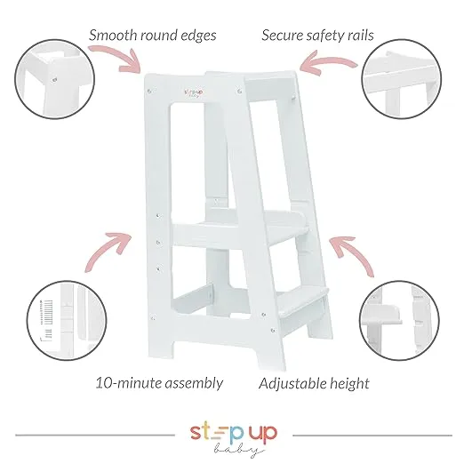 Adjustable Toddler Standing Stool for Kitchen & Bathroom | Wooden Step Stool with Safety Rails for Cooking & Learning | Sturdy & Secure Platform for Ages 18 Months to 5 Years