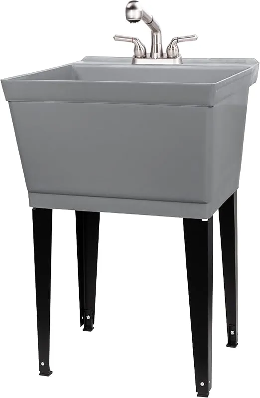Grey Utility Sink Laundry Tub With Pull Out Stainless Steel Finish Faucet, Sprayer Spout, Heavy Duty Slop Sinks For Basement, Garage or Shop, Large Free Standing Wash Station Tubs and Drainage