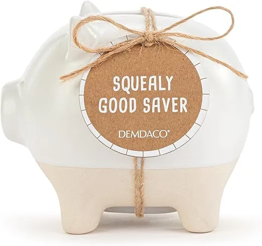 DEMDACO 5004820129 Squealy Good Saver Classic White and Tan 4 x 3.5 Inch Stoneware Savings Money Coin Bank Piggy