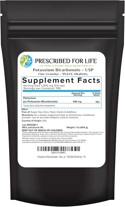Prescribed for Life Potassium Bicarbonate Powder | Pure USP & Food Grade Potassium Bicarbonate for Plants, Winemaking, & Baking | Crystalline Powder | 39% K | 1 lb