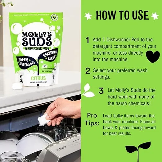 Molly's Suds Dishwasher Pods | Clean Dishwasher Detergent, Cuts Grease & Rinses Clean (Residue-Free) for Sparkling Dishes | 60 Auto-Release Tabs (Citrus)