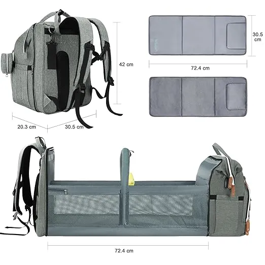 DERJUNSTAR Baby Diaper Bag Backpack, Diaper Changing Station, Baby Bags for Boys Girls, USB Charging Port,Pacifier Case, Sunshade and Toy Bar, Ash Grey