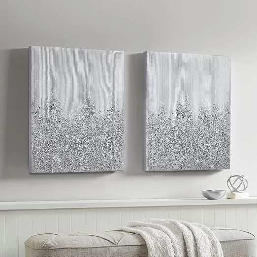 Madison Park Wall Art Living Room Decor-Embellished Hand Painted Metallic Canvas, Home Accent Glitter Abstract Bathroom Decoration Ready to Hang Bedroom Painting, 22" x 28", Silver, 2 Piece Set
